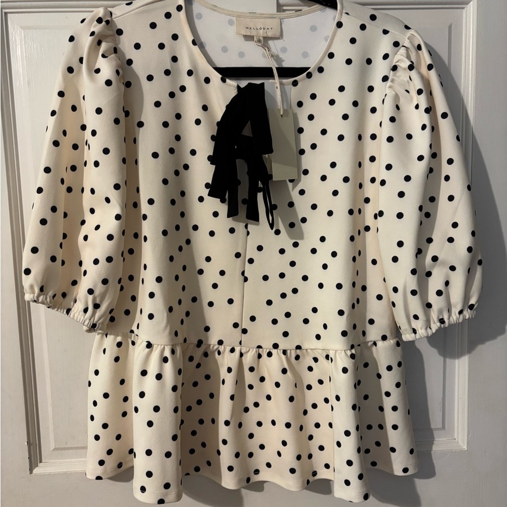 NWT Melloday  Cream Polka Dot Peplum Blouse with Black Bow